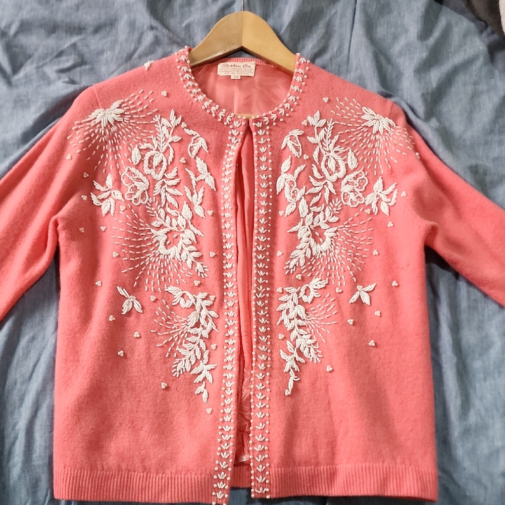 Original Vintage Chic Coral Embroidered Women's Cardigan Sz S/M